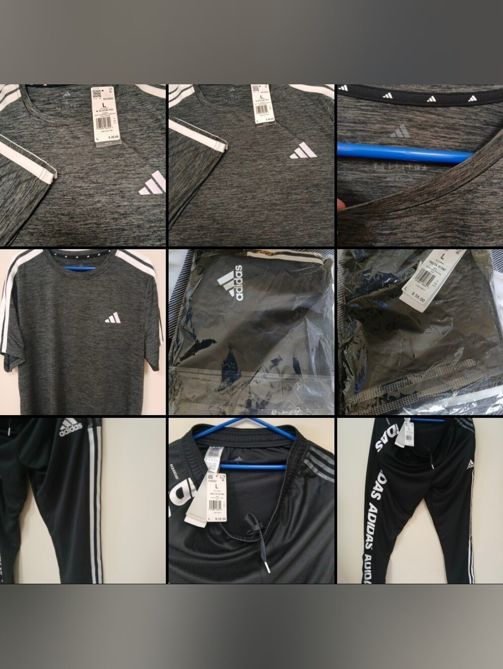 NWT Adidas Mens Outfit Set Large Black Heather 3-Stripes Tee & Tiro Track Pants